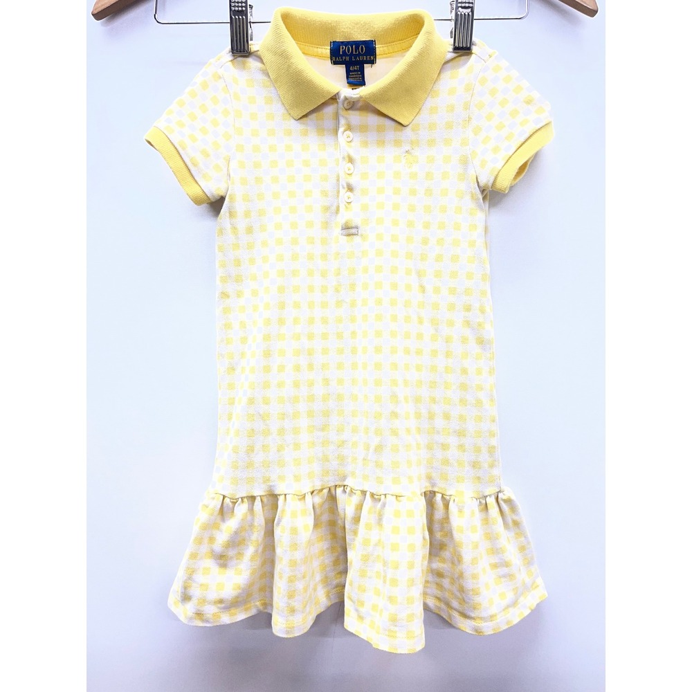 Polo Ralph Lauren Girls Yellow Gingham Ruffle Polo Dress Size 4 4T Short Sleeve
